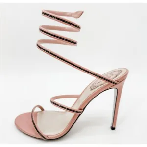 Rene Caovilla Heels Wrap Crystal 38.5 Pink High Sandals Embellished Box Beaded