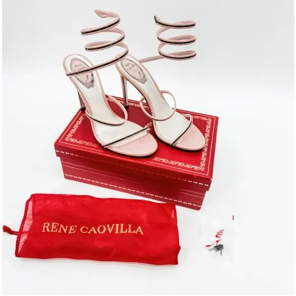 Rene Caovilla Heels Wrap Crystal 38.5 Pink High Sandals Embellished Box Beaded