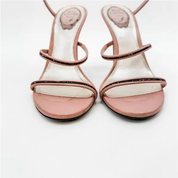 Rene Caovilla Heels Wrap Crystal 38.5 Pink High Sandals Embellished Box Beaded