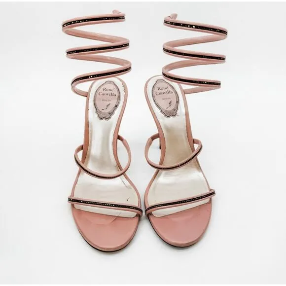 Rene Caovilla Heels Wrap Crystal 38.5 Pink High Sandals Embellished Box Beaded