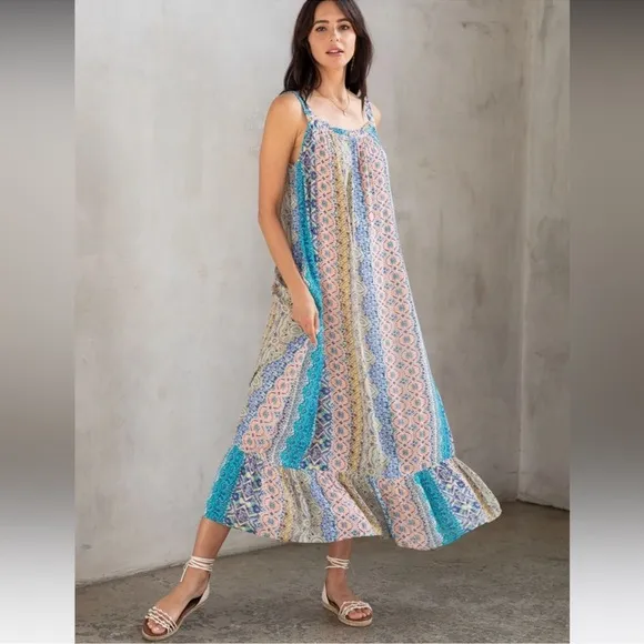 Resort Bohemian Mixed Print Flowy Sleeveless Maxi Dress by Lovestitch