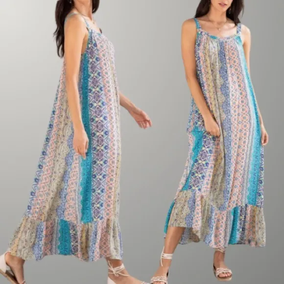 Resort Bohemian Mixed Print Flowy Sleeveless Maxi Dress by Lovestitch