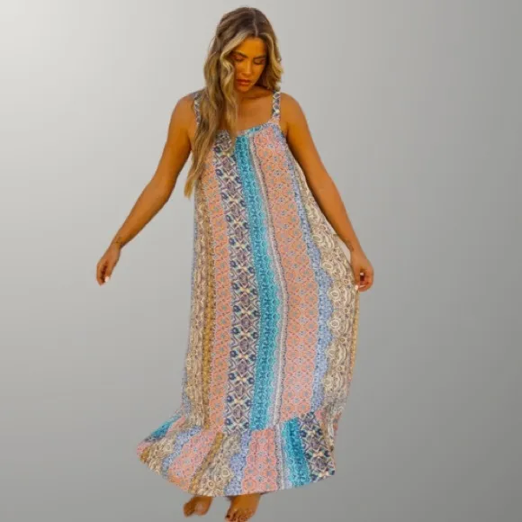 Resort Bohemian Mixed Print Flowy Sleeveless Maxi Dress by Lovestitch