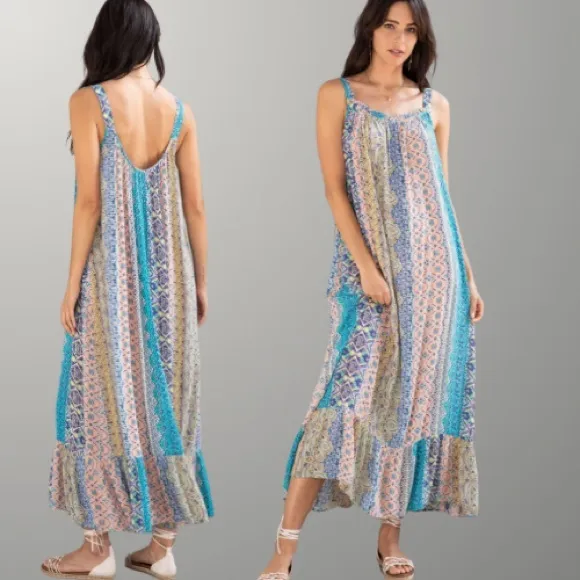 Resort Bohemian Mixed Print Flowy Sleeveless Maxi Dress by Lovestitch