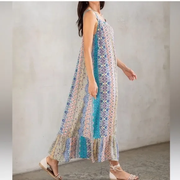 Resort Bohemian Mixed Print Flowy Sleeveless Maxi Dress by Lovestitch