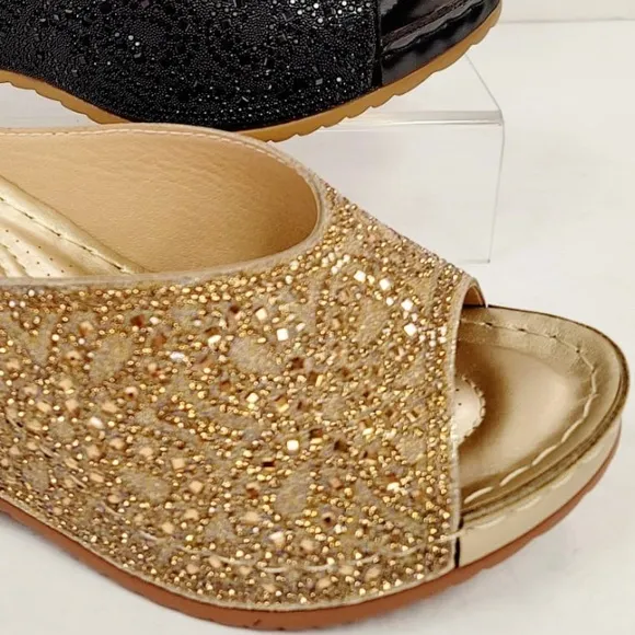 Restock! Italina Gold Rhinestone Embellished Wedding Shoe Dressy Wedge