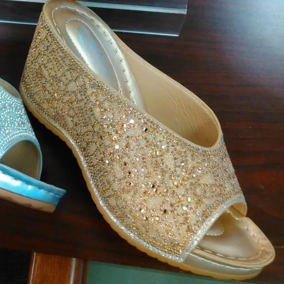Restock! Italina Gold Rhinestone Embellished Wedding Shoe Dressy Wedge