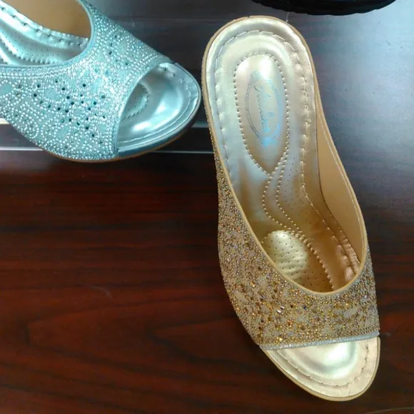 Restock! Italina Gold Rhinestone Embellished Wedding Shoe Dressy Wedge