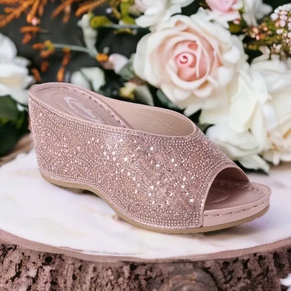 Restock! Italina Gold Rhinestone Embellished Wedding Shoe Dressy Wedge