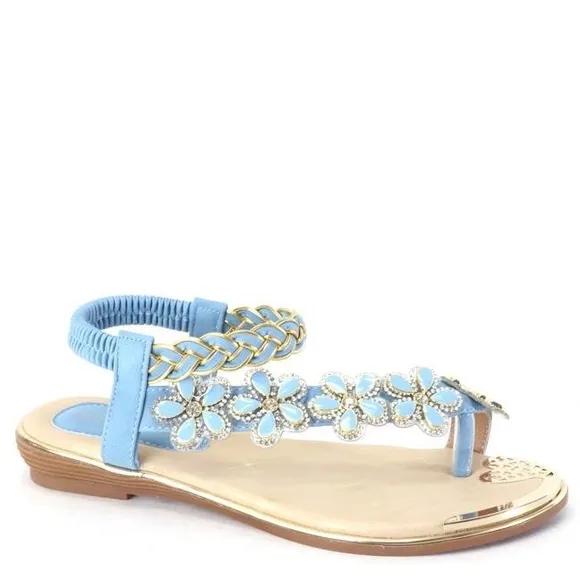 RESTOCK! Italina Sleek Black Vinyl Floral Rhinestone Embellished Toe Ring Sandal
