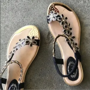 RESTOCK! Italina Sleek Black Vinyl Floral Rhinestone Embellished Toe Ring Sandal