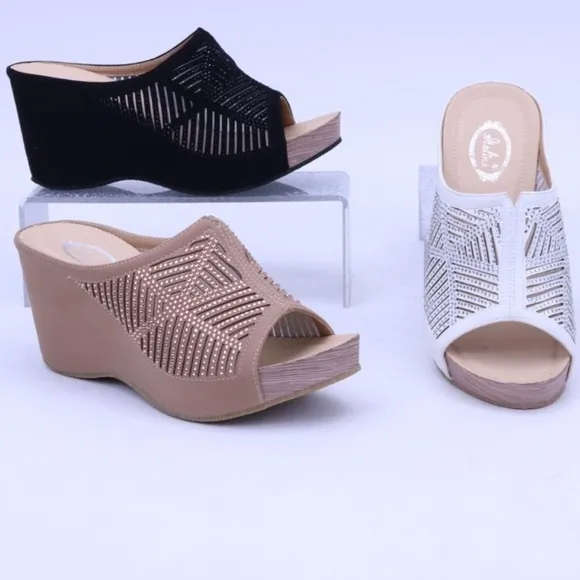 Restocked! Studded Bright Black Rhinestone Wedge Platform Heeled Sandal Mules