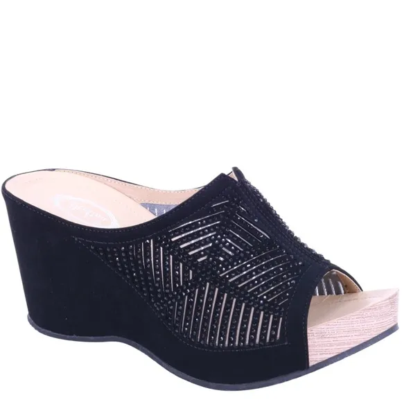 Restocked! Studded Bright Black Rhinestone Wedge Platform Heeled Sandal Mules