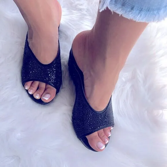 Restocked! Black Tie Rhinestone Embellished Wedge Heeled Sandal