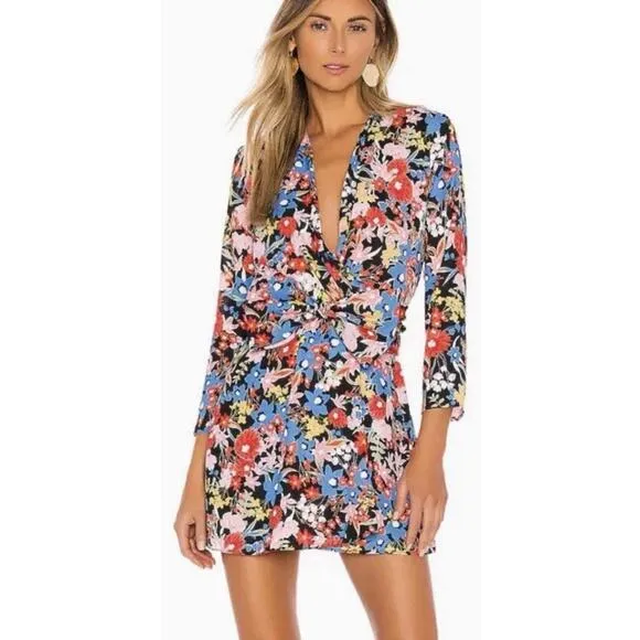 Revolve RESA Iris Bow Floral Surplice Mini Dress V-Neck Long Sleeve Size XS