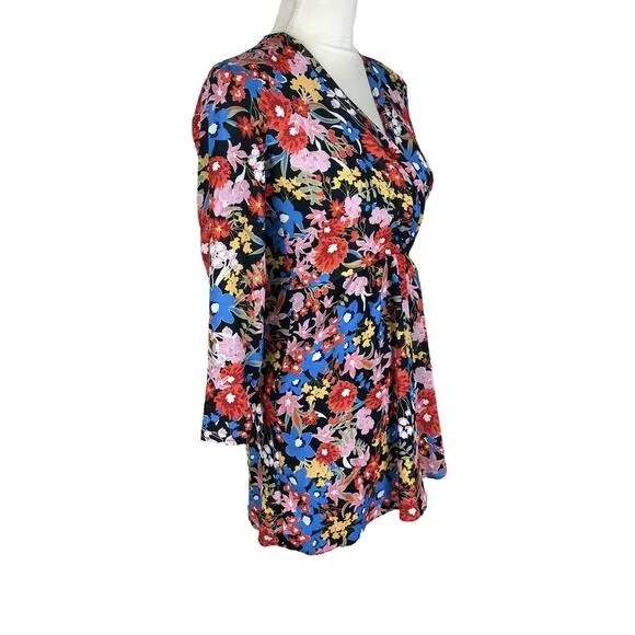 Revolve RESA Iris Bow Floral Surplice Mini Dress V-Neck Long Sleeve Size XS