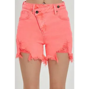 Risen Coral Pink Raw Hem Asymmetrical Waist Denim Shorts
