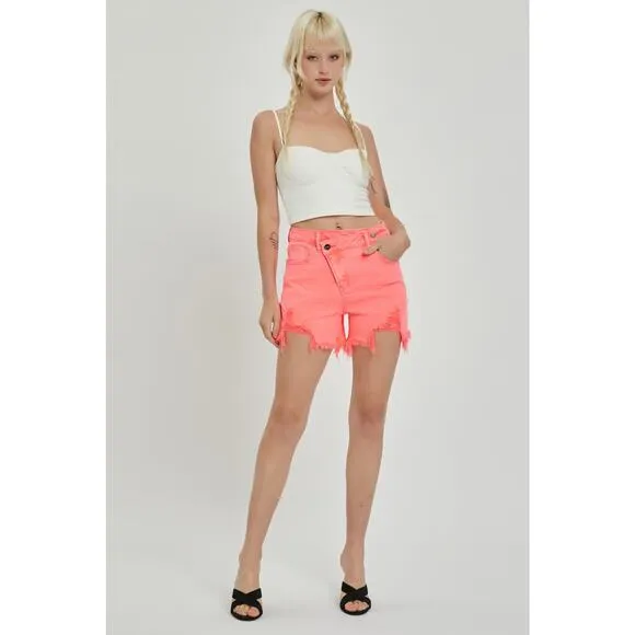Risen Coral Pink Raw Hem Asymmetrical Waist Denim Shorts