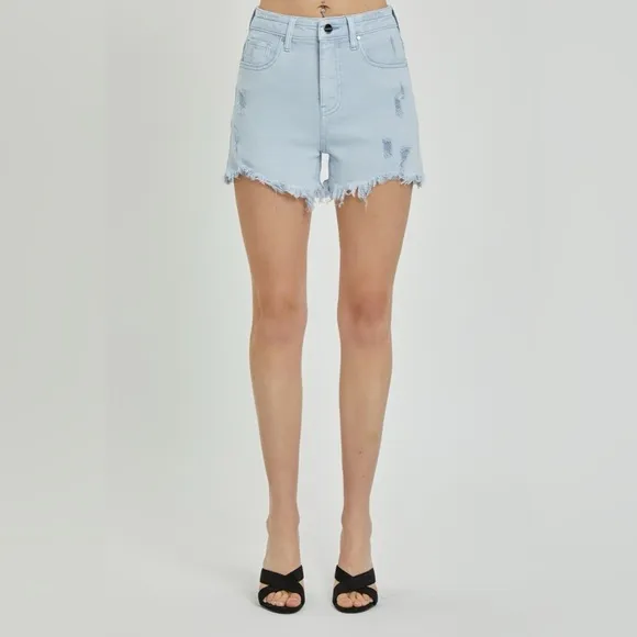 RISEN High Rise Distressed Detail Denim Shorts