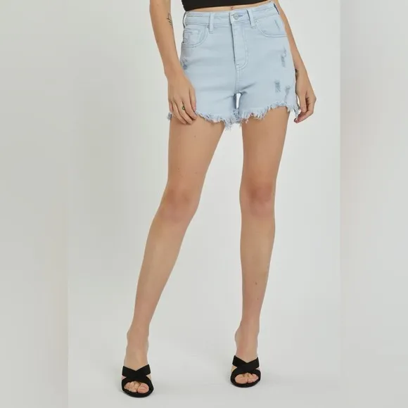 RISEN High Rise Distressed Detail Denim Shorts
