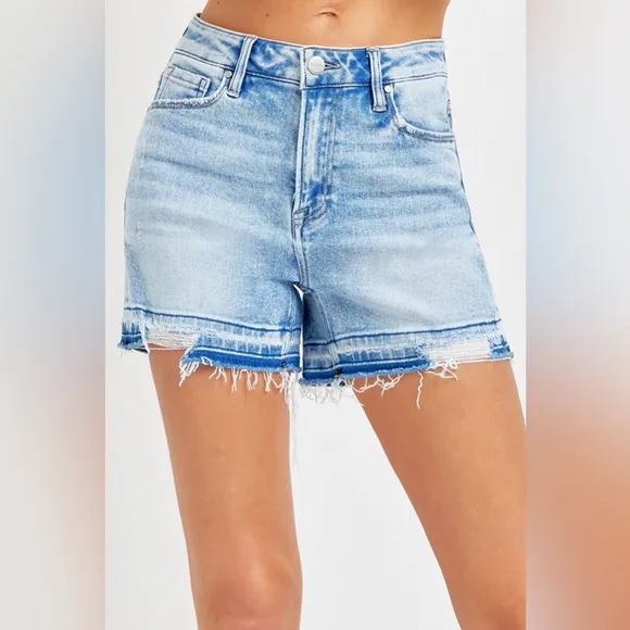 RISEN High Rise Distressed Hem Denim Shorts
