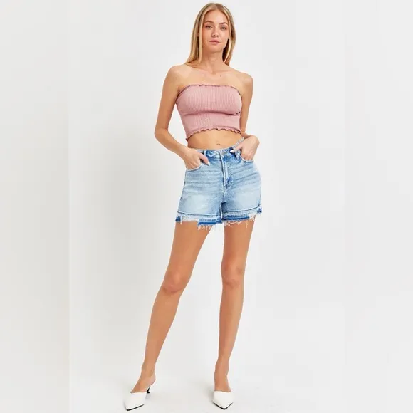RISEN High Rise Distressed Hem Denim Shorts