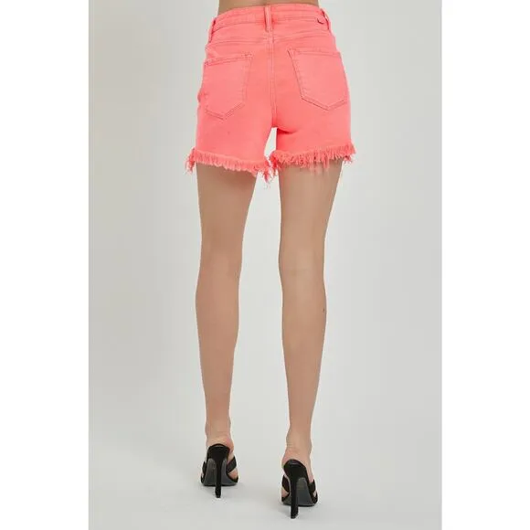 RISEN High Rise Raw Hem Asymmetrical Waist Washed Denim Shorts | Coral Pink