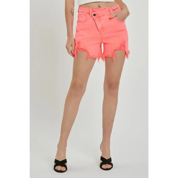 RISEN High Rise Raw Hem Asymmetrical Waist Washed Denim Shorts | Coral Pink
