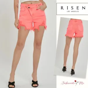 RISEN High Rise Raw Hem Asymmetrical Waist Washed Denim Shorts | Coral Pink