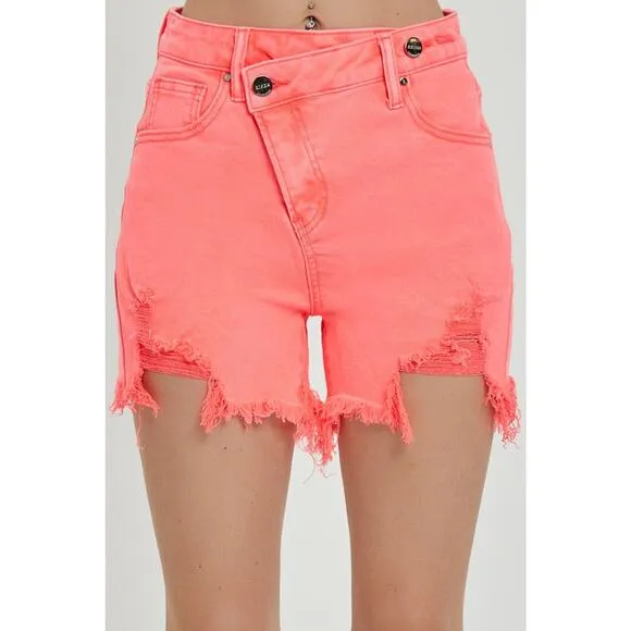 RISEN High Rise Raw Hem Asymmetrical Waist Washed Denim Shorts | Coral Pink