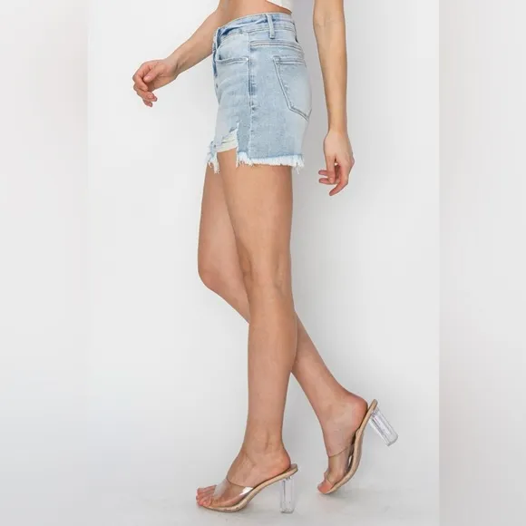 RISEN High Waist Frayed Detail Denim Shorts