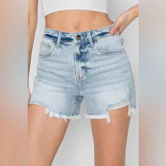 RISEN High Waist Frayed Detail Denim Shorts