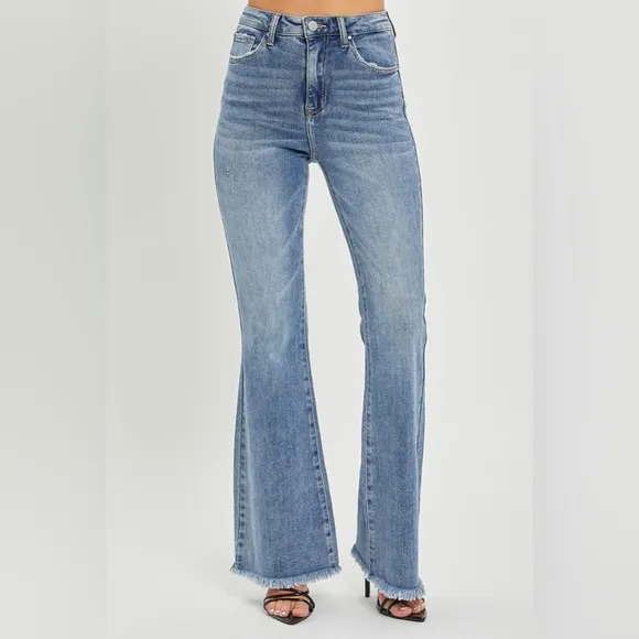 RISEN High Waist Raw Hem Flare Jeans
