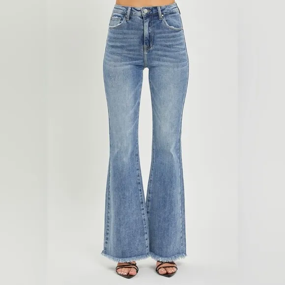 RISEN High Waist Raw Hem Flare Jeans