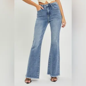 RISEN High Waist Raw Hem Flare Jeans