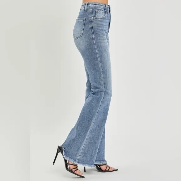 RISEN High Waist Raw Hem Flare Jeans