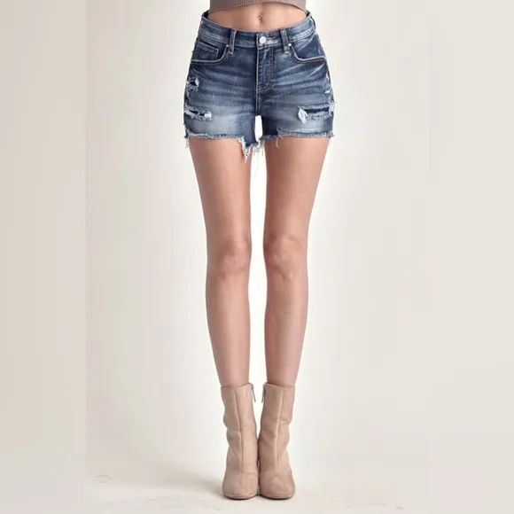 RISEN Mid Rise Raw Hem Denim Shorts