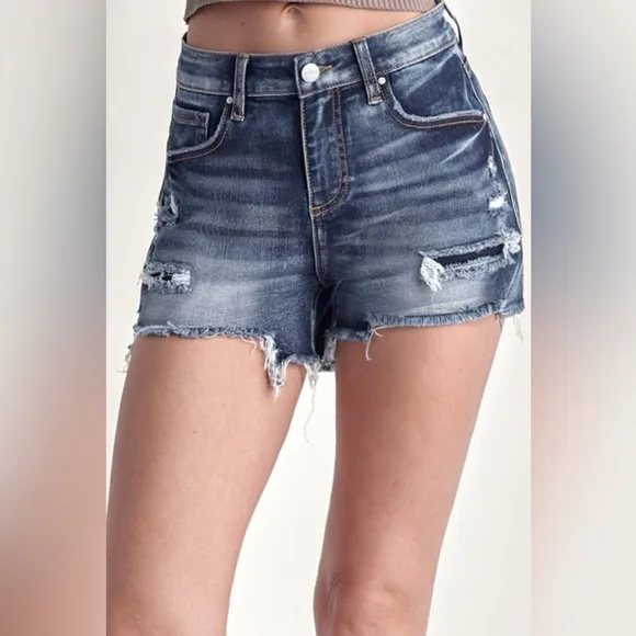 RISEN Mid Rise Raw Hem Denim Shorts