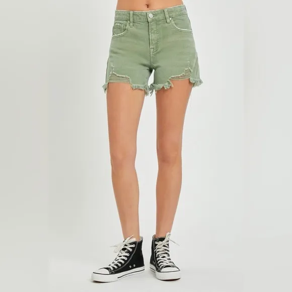 RISEN Mid Waist Frayed Hem Denim Shorts