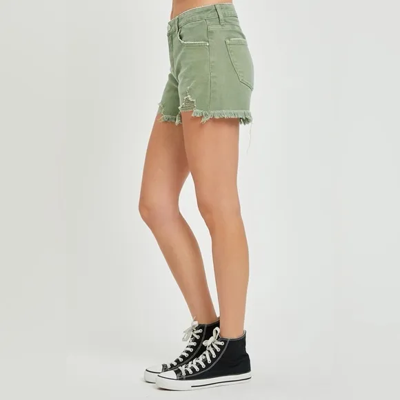 RISEN Mid Waist Frayed Hem Denim Shorts