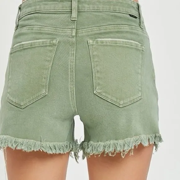 RISEN Mid Waist Frayed Hem Denim Shorts