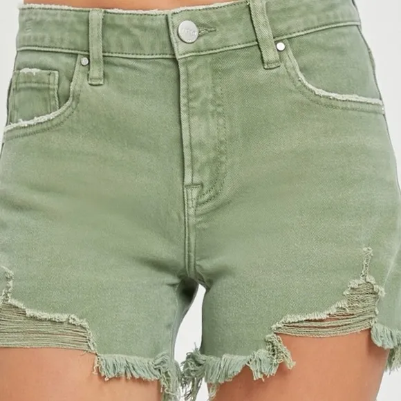 RISEN Mid Waist Frayed Hem Denim Shorts