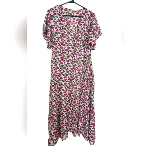 Roller Rabbit Floral Issa Midi Dress White Pink Red Green Metallic Viscose Sz M