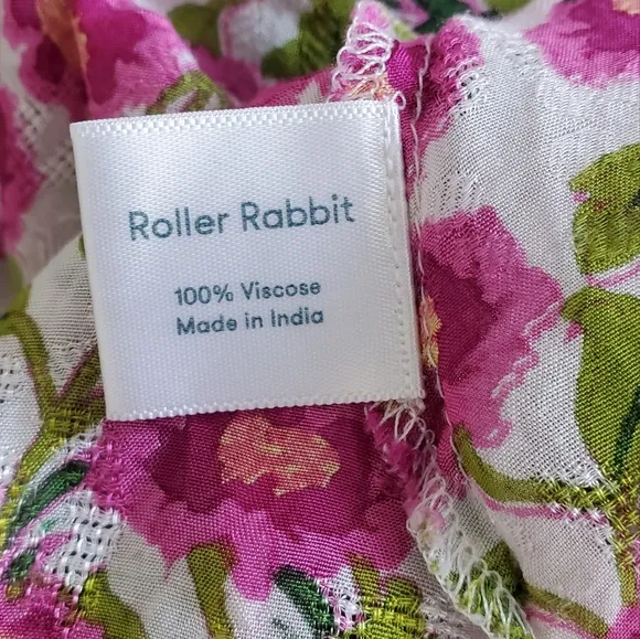 Roller Rabbit Floral Issa Midi Dress White Pink Red Green Metallic Viscose Sz M