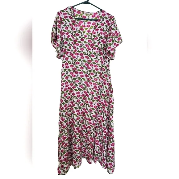 Roller Rabbit Floral Issa Midi Dress White Pink Red Green Metallic Viscose Sz M