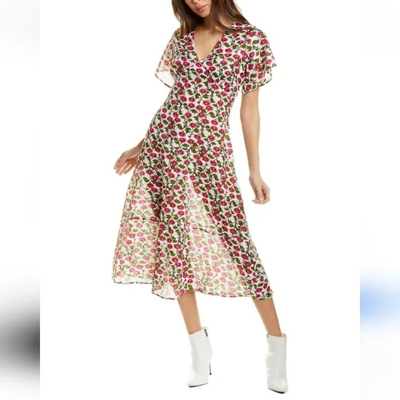 Roller Rabbit Floral Issa Midi Dress White Pink Red Green Metallic Viscose Sz M