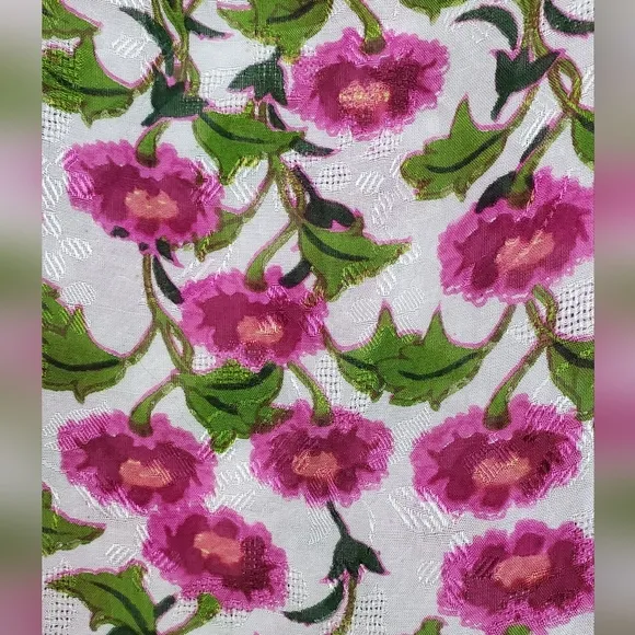 Roller Rabbit Floral Issa Midi Dress White Pink Red Green Metallic Viscose Sz M