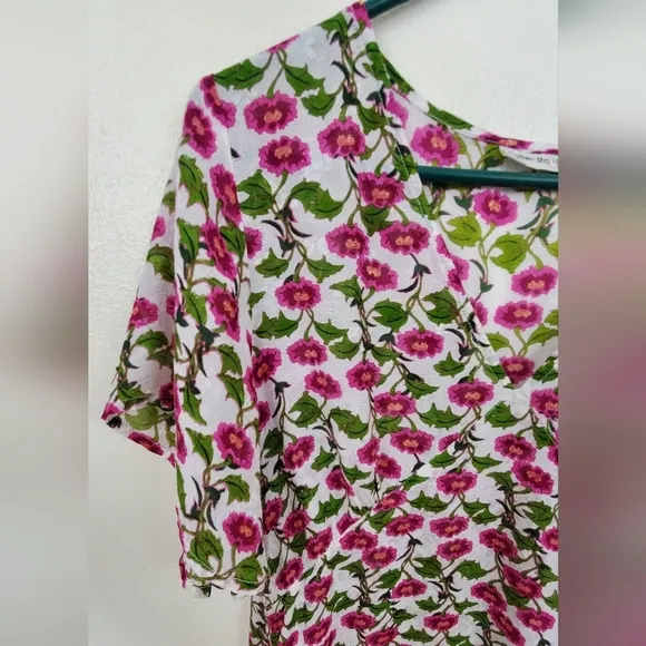 Roller Rabbit Floral Issa Midi Dress White Pink Red Green Metallic Viscose Sz M