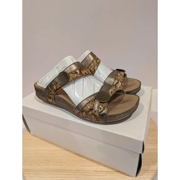 Romika Leather Flat Sandals Straps Hook Loop Slip On Womens 6-6.5 EU 37 Bronze