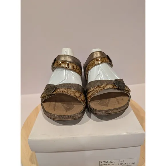 Romika Leather Flat Sandals Straps Hook Loop Slip On Womens 6-6.5 EU 37 Bronze